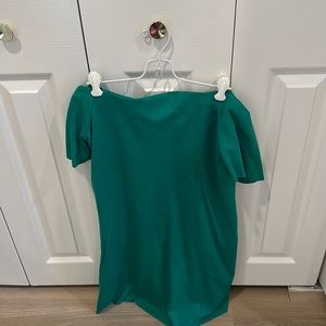 Green off the shoulder or cap sleeve dress